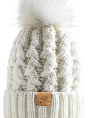 Page One Winter Ribbed Beanie Crossed Cap Chunky Cable Knit Pompom Soft Warm Hat